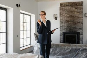 A confident real estate agent inspecting a modern home's interior with fireplace and large windows.